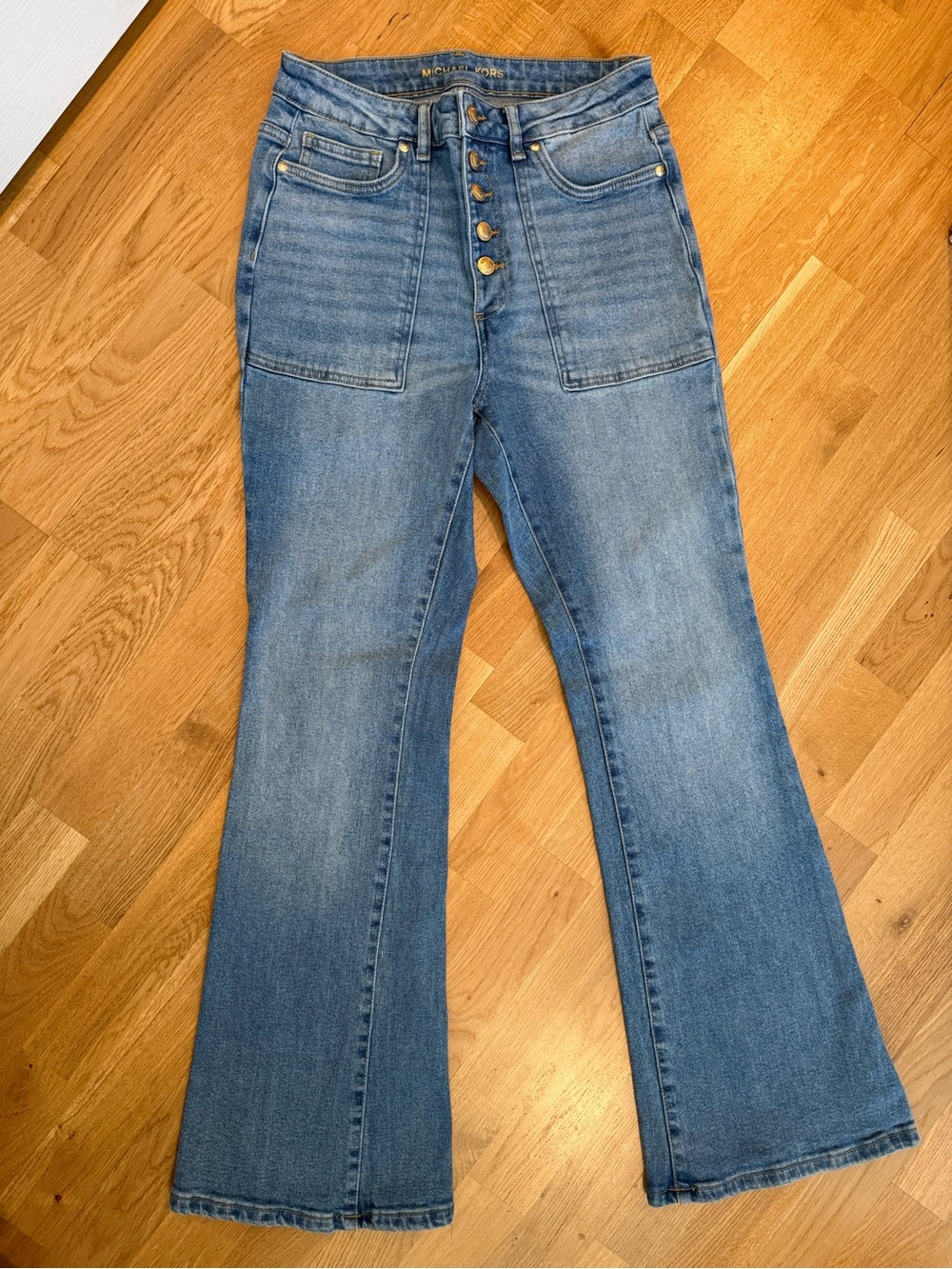 Michael Kors Medium Blue High-Rise Flare Jeans with Button-Fly